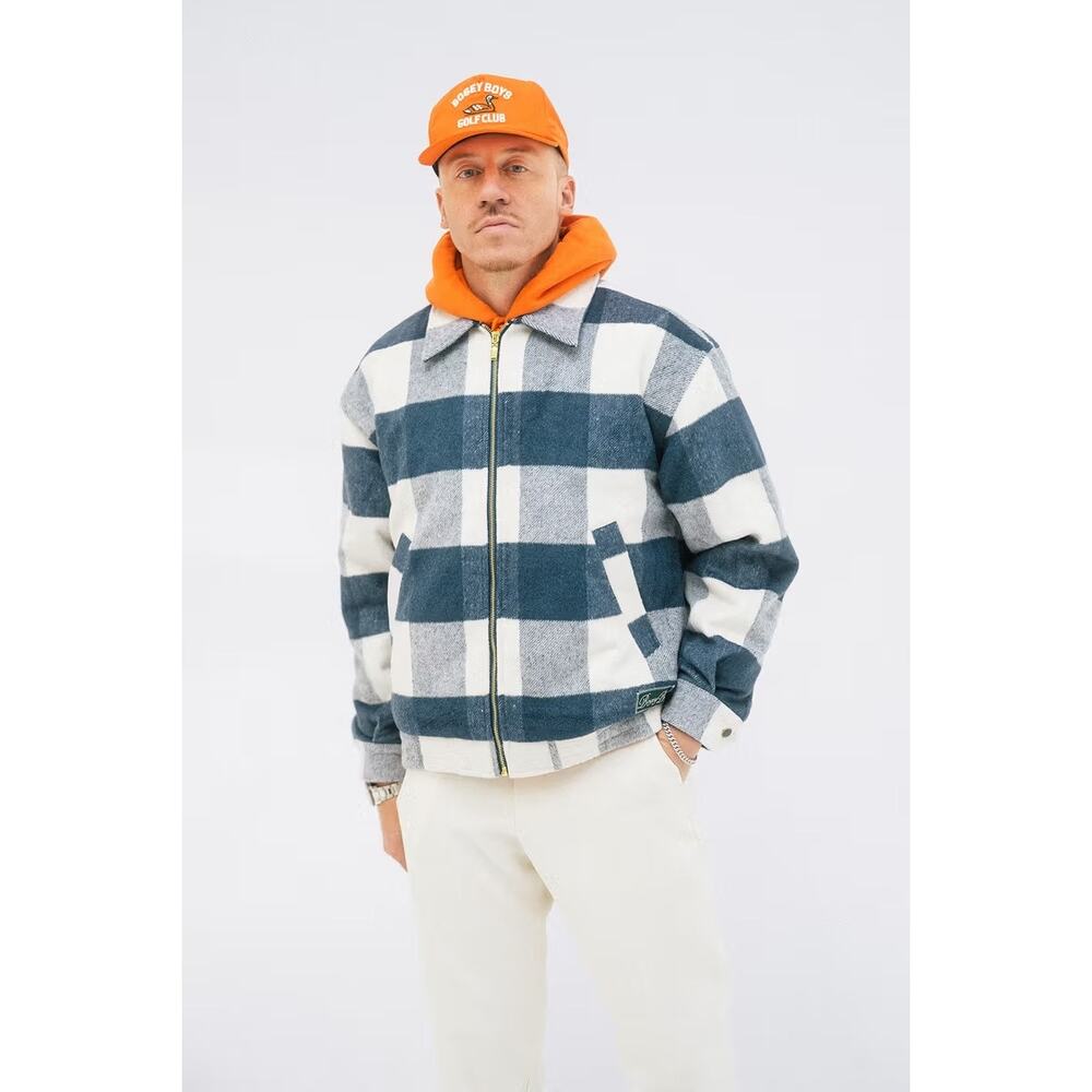 Bogey Boys Blue & White Plaid Wool Blend Jacket Men's Size Medium Zip Up Pockets